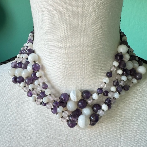 Vintage Gemstone Beaded Multistrand Choker Necklace Agate Amethyst Quartz 16” - Picture 11 of 16